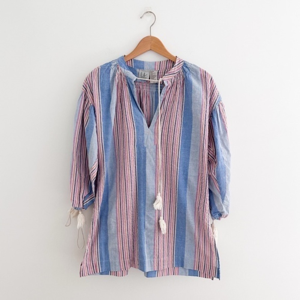 LIV Los Angeles Striped Cotton Tunic Top Blue Pink Boho Tassel Blouse Size Small